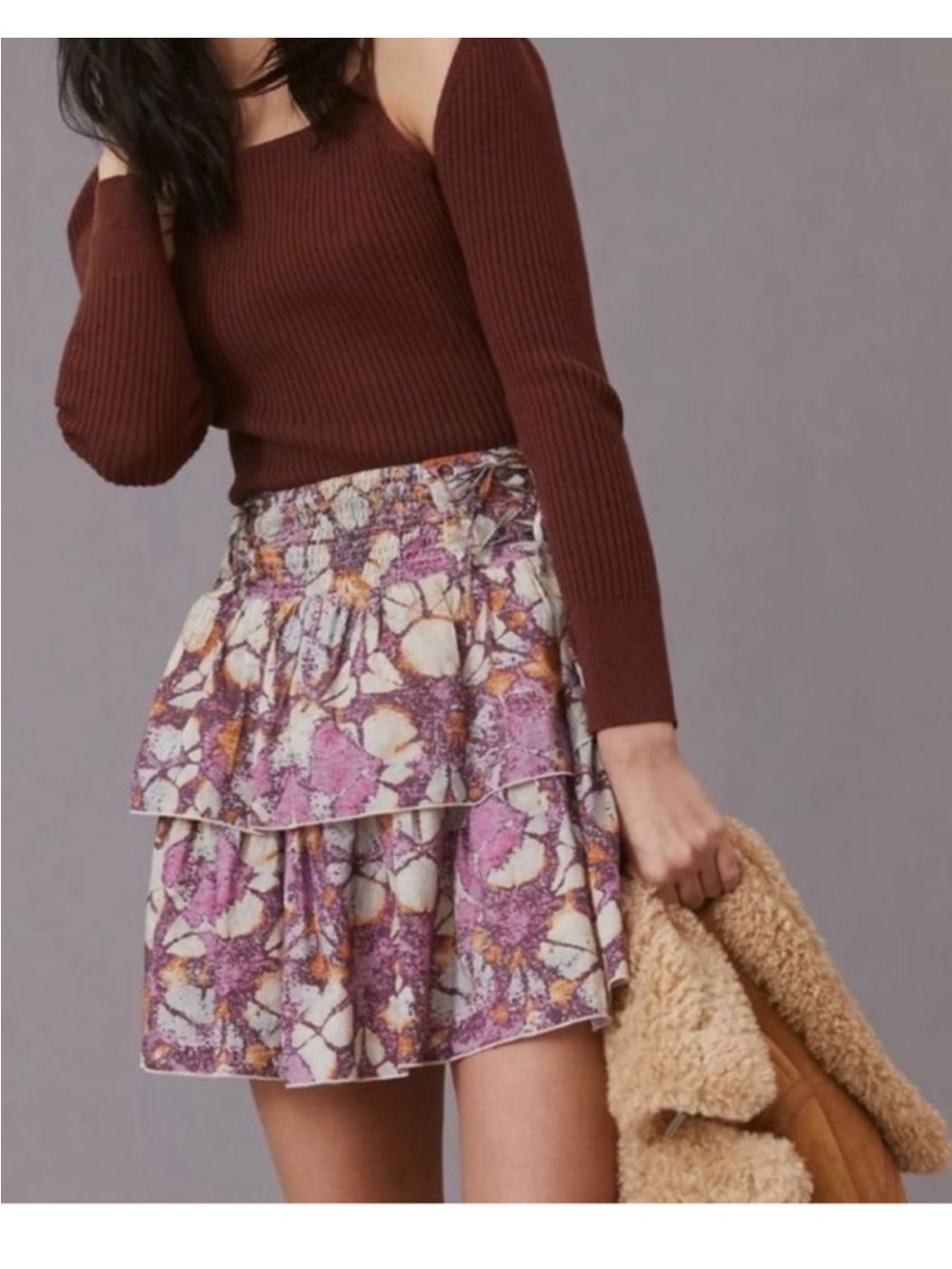 Let Me Be Anthropologie Tiered Floral Mini Skirt in Purple and Cream XL